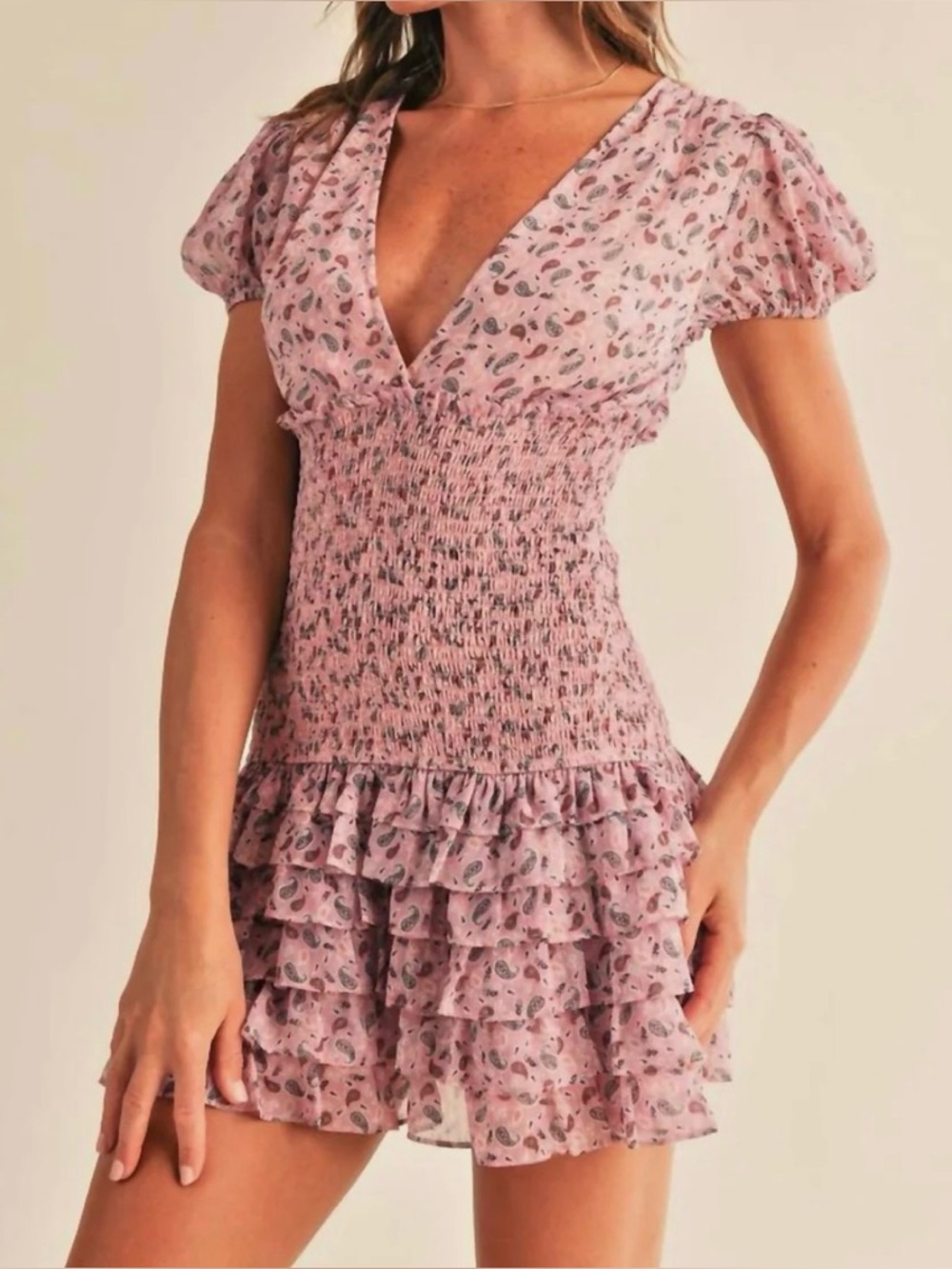 RESET by Jane Priscilla mini dress in Pink Paisley Smocked ruffle flirty